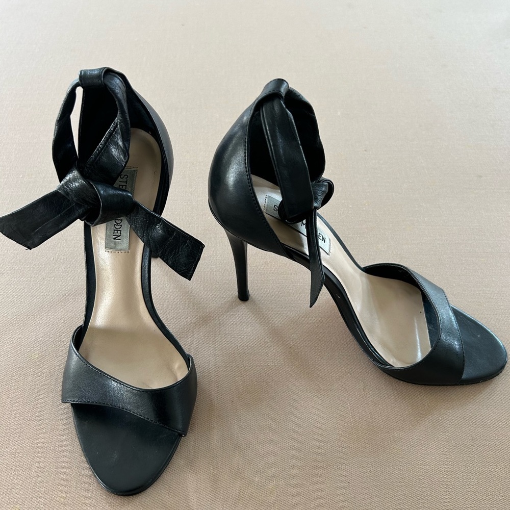 All black, genuine, leather open toe strap heels